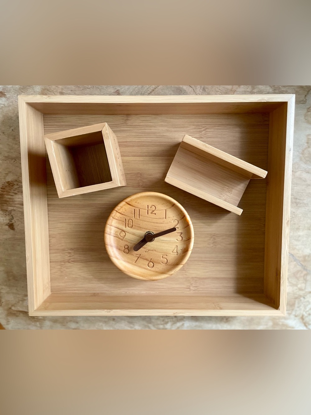 Wooden Desk Accessories Set: Letter Box, Desk Clock, Card Holder, Pencil Holder